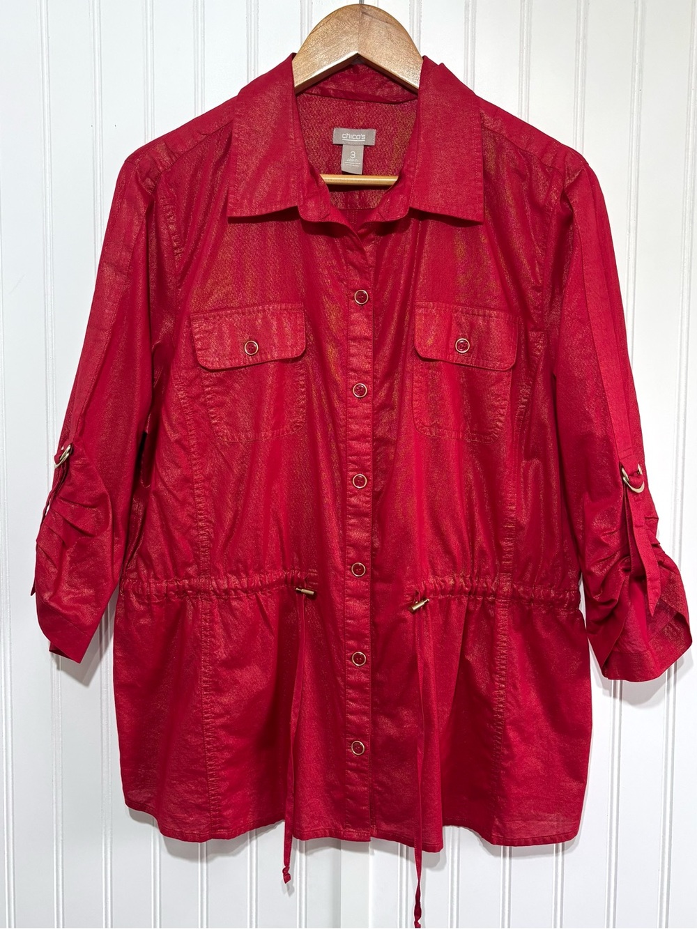 Chico’s Red Shimmer Cotton Utility Jacket Lightweight Tunic Drawstring Waist XL